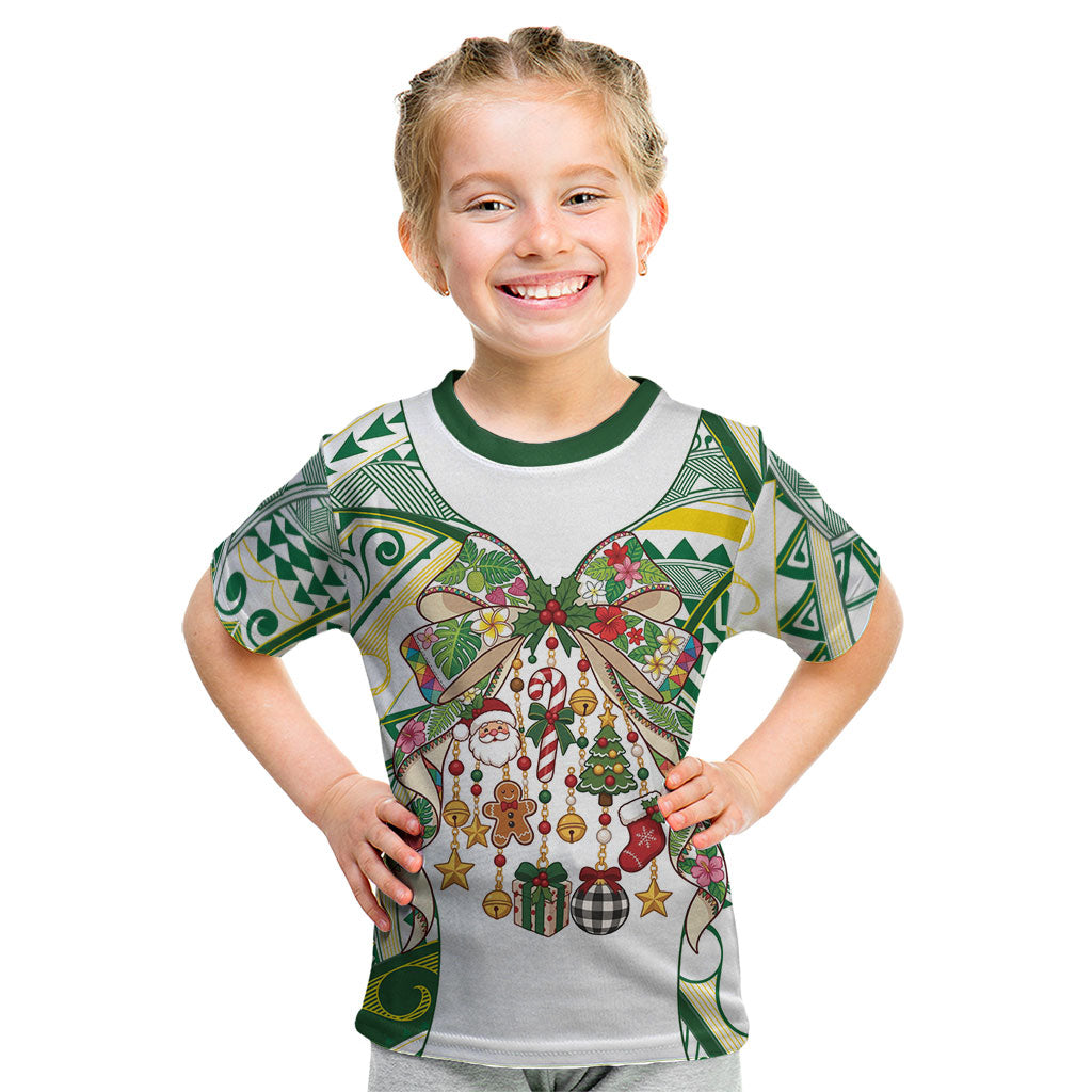 Cook Islands Tīvaevae Christmas Bow Kid T Shirt Gold Green Kuki Tribal Pattern