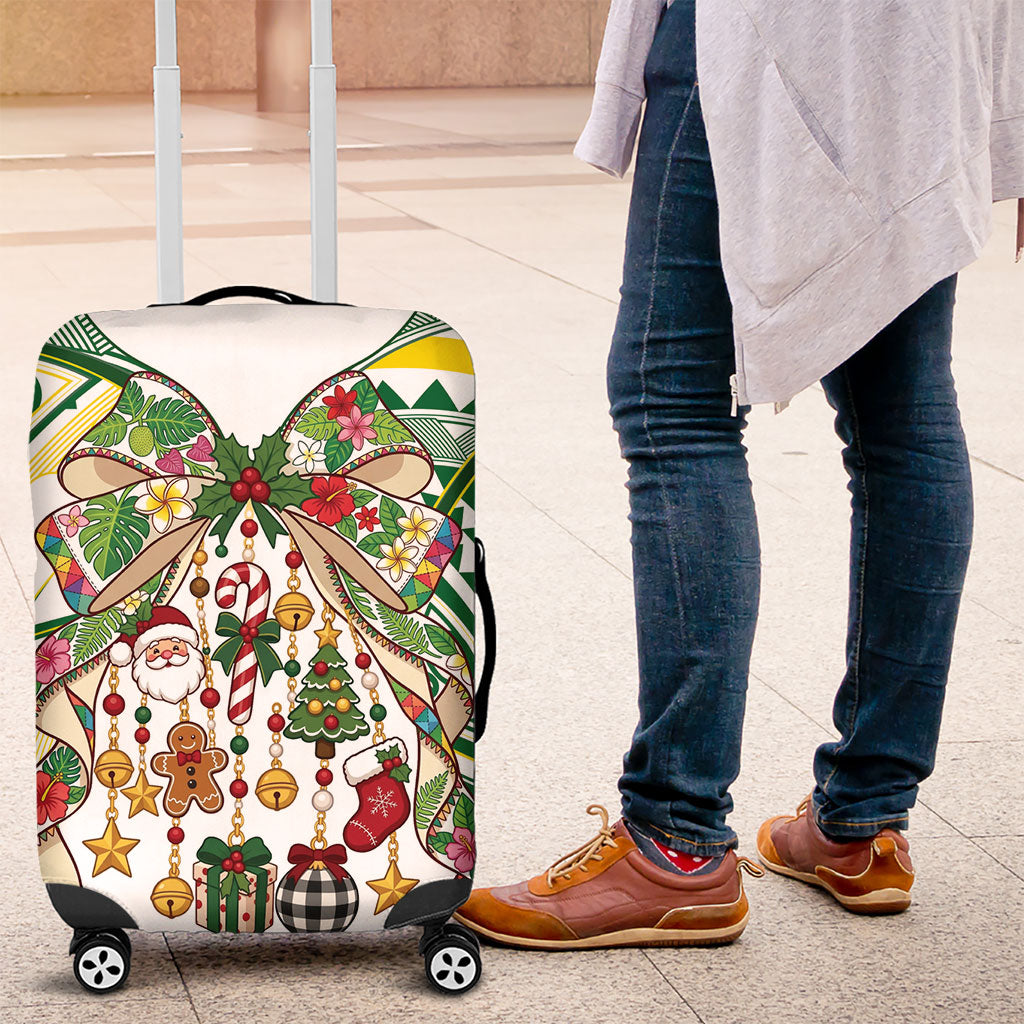 Cook Islands Tīvaevae Christmas Bow Luggage Cover Gold Green Kuki Tribal Pattern LT9 White - Polynesian Pride