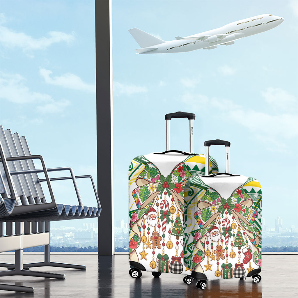 Cook Islands Tīvaevae Christmas Bow Luggage Cover Gold Green Kuki Tribal Pattern LT9 - Polynesian Pride