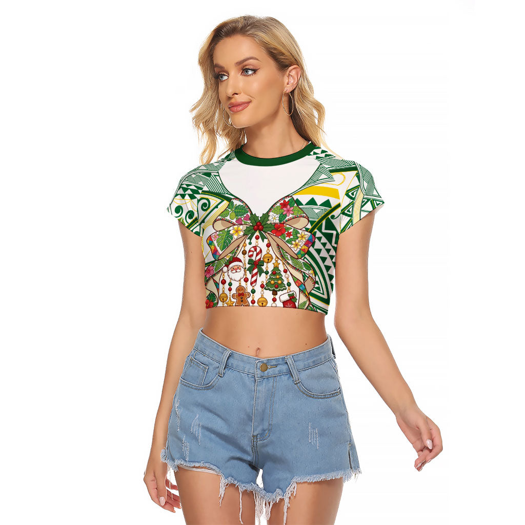 Cook Islands Tīvaevae Christmas Bow Raglan Cropped T Shirt Gold Green Kuki Tribal Pattern LT9 Female White - Polynesian Pride