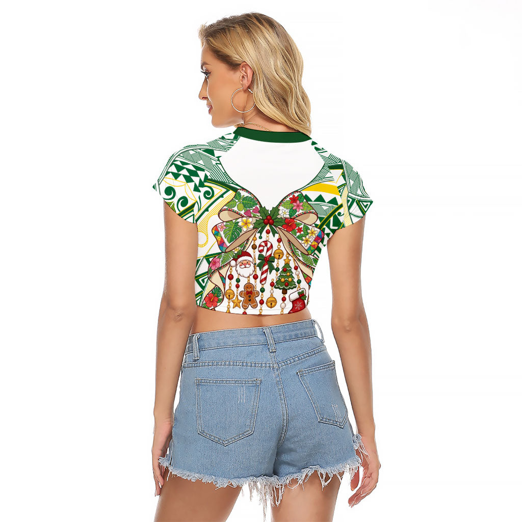 Cook Islands Tīvaevae Christmas Bow Raglan Cropped T Shirt Gold Green Kuki Tribal Pattern LT9 - Polynesian Pride
