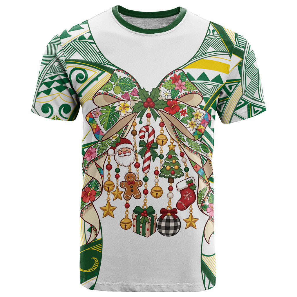 Cook Islands Tīvaevae Christmas Bow T Shirt Gold Green Kuki Tribal Pattern
