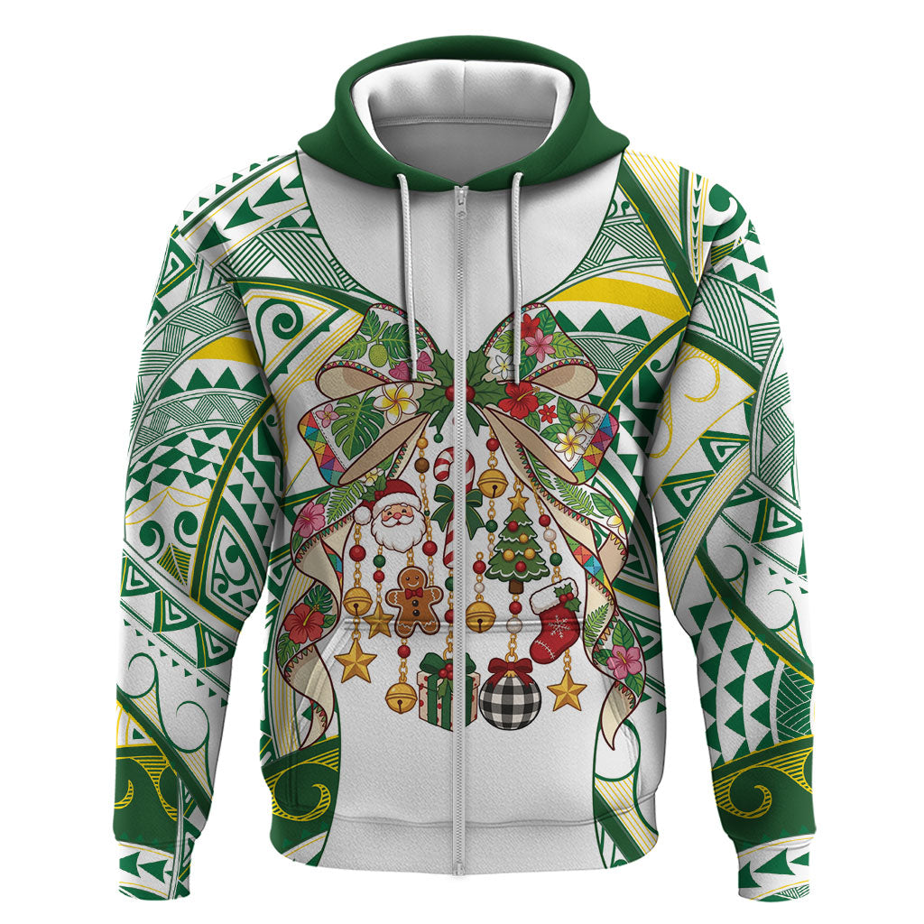 Cook Islands Tīvaevae Christmas Bow Zip Hoodie Gold Green Kuki Tribal Pattern LT9 Zip Hoodie White - Polynesian Pride