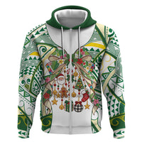 Cook Islands Tīvaevae Christmas Bow Zip Hoodie Gold Green Kuki Tribal Pattern LT9 Zip Hoodie White - Polynesian Pride