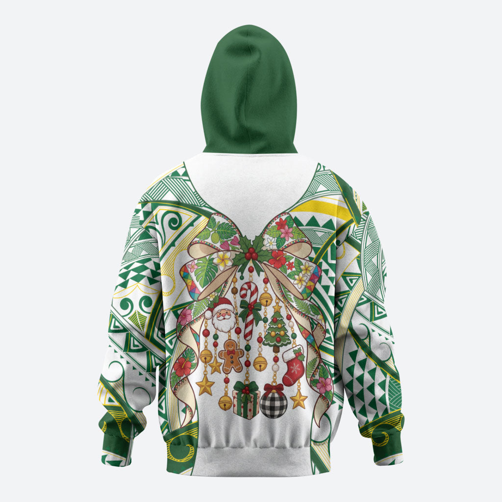 Cook Islands Tīvaevae Christmas Bow Zip Hoodie Gold Green Kuki Tribal Pattern LT9 - Polynesian Pride