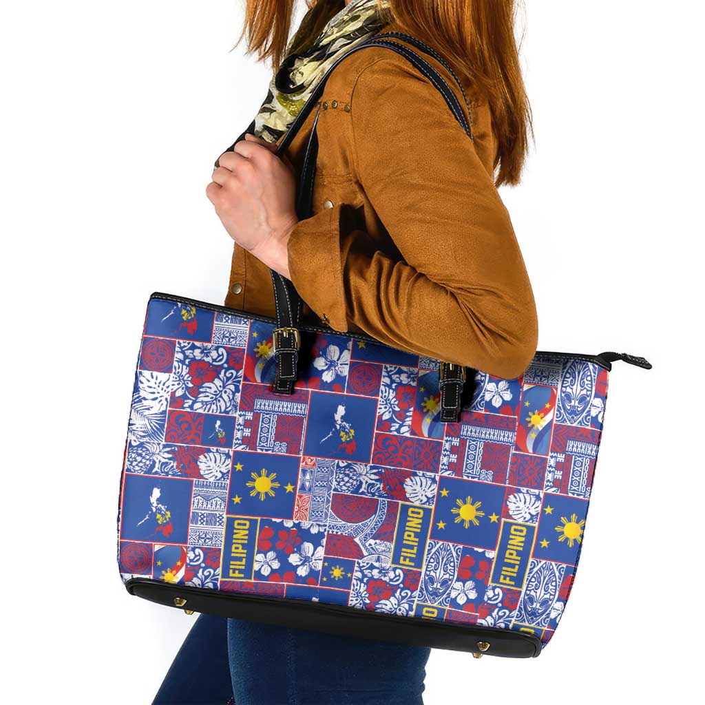 Filipino Maligayang Pasko Leather Tote Bag Pacific Patchwork Xmas Vibes LT9 Blue - Polynesian Pride