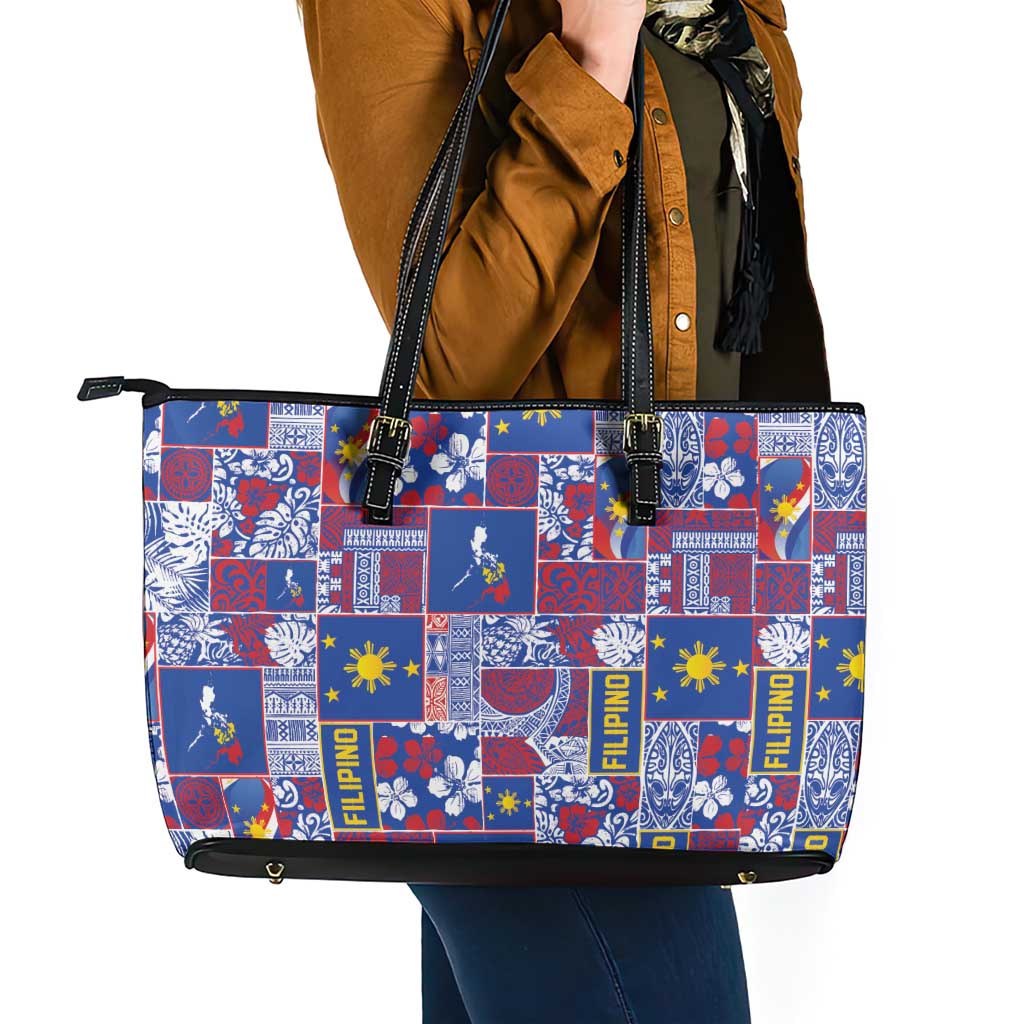 Filipino Maligayang Pasko Leather Tote Bag Pacific Patchwork Xmas Vibes LT9 - Polynesian Pride