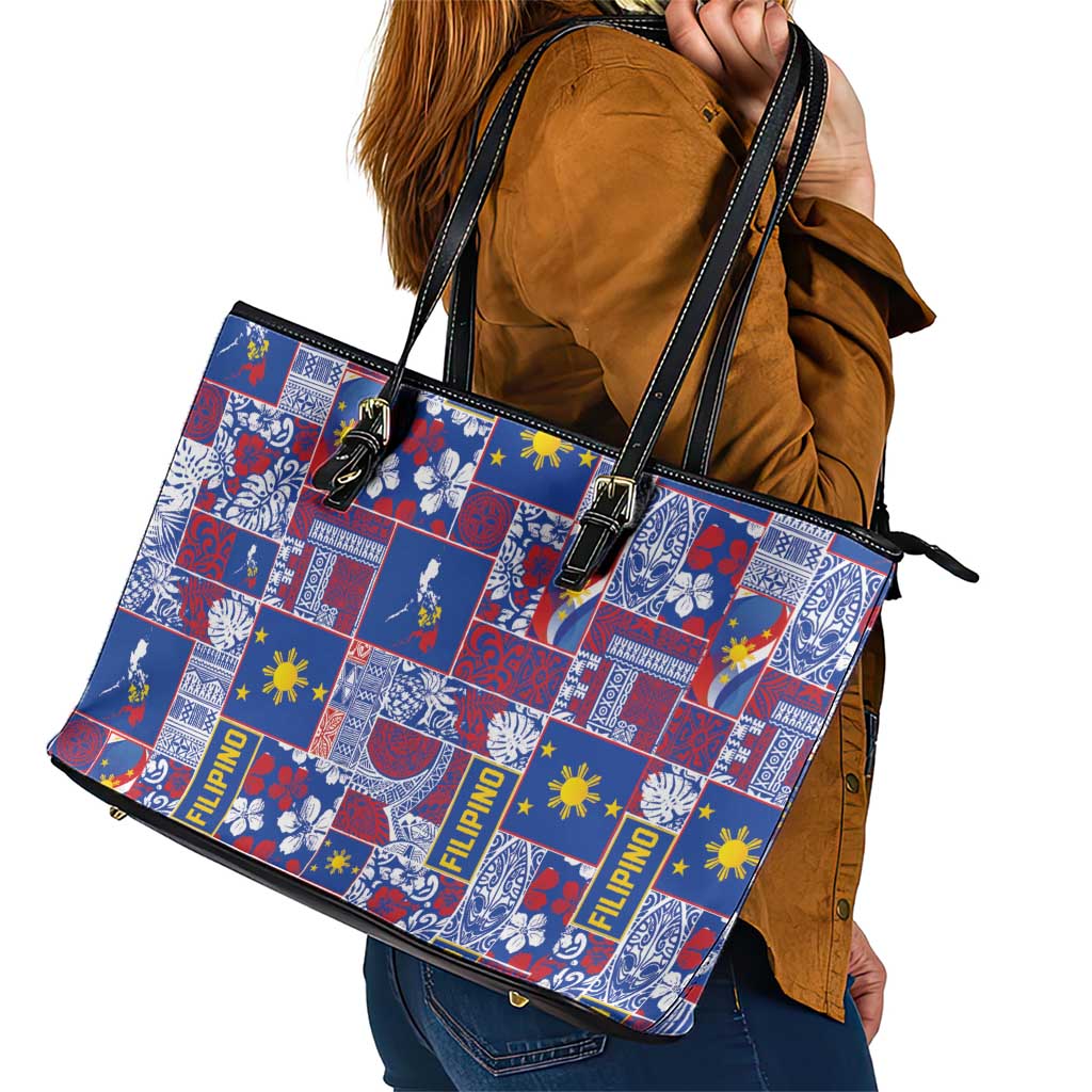 Filipino Maligayang Pasko Leather Tote Bag Pacific Patchwork Xmas Vibes LT9 - Polynesian Pride
