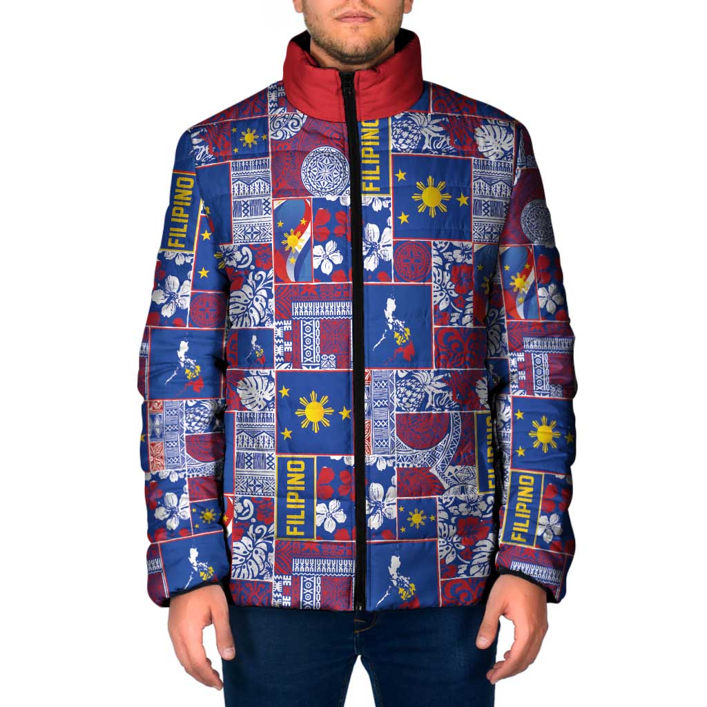 Filipino Maligayang Pasko Padded Jacket Pacific Patchwork Xmas Vibes LT9 Men Blue - Polynesian Pride