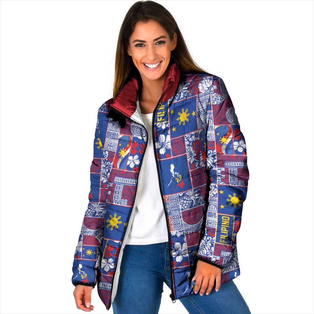 Filipino Maligayang Pasko Padded Jacket Pacific Patchwork Xmas Vibes LT9 Women Blue - Polynesian Pride