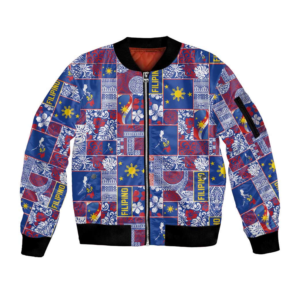 Filipino Maligayang Pasko Sleeve Zip Bomber Jacket Pacific Patchwork Xmas Vibes LT9 Unisex Blue - Polynesian Pride