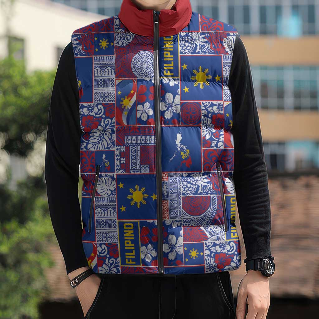 Filipino Maligayang Pasko Sleeveless Puffer Jacket Pacific Patchwork Xmas Vibes LT9 - Polynesian Pride