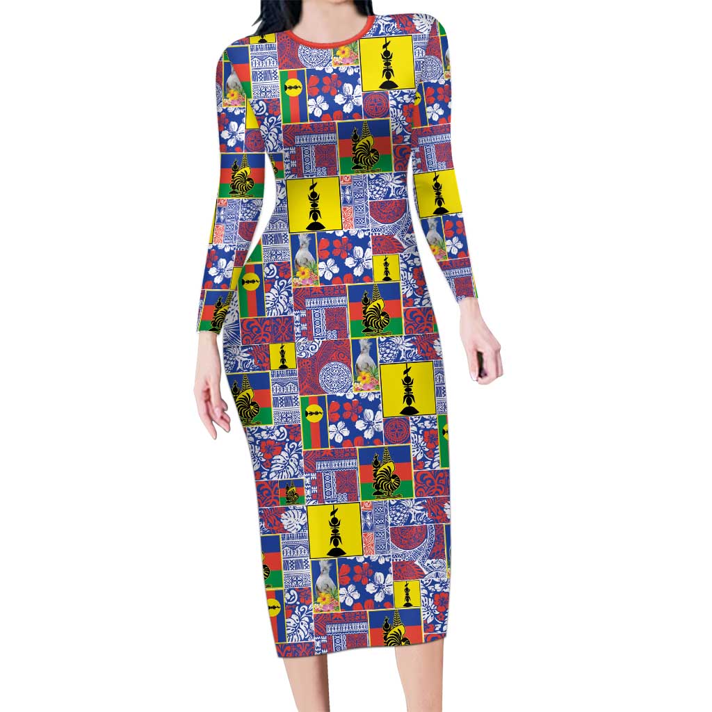 New Caledonia Joyeux Noel Long Sleeve Bodycon Dress Pacific Patchwork Xmas Vibes LT9 Long Dress Blue - Polynesian Pride