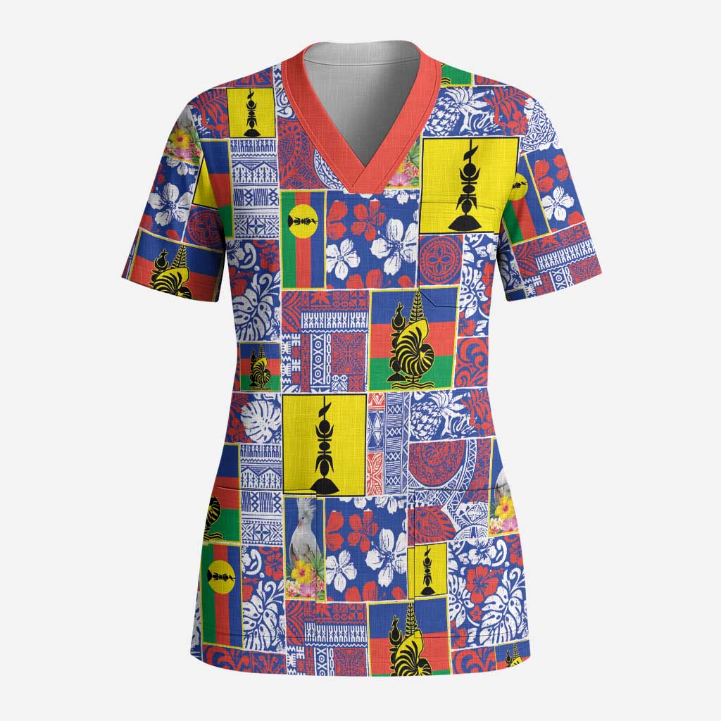 New Caledonia Joyeux Noel Scrub Top Pacific Patchwork Xmas Vibes LT9 Adult Blue - Polynesian Pride