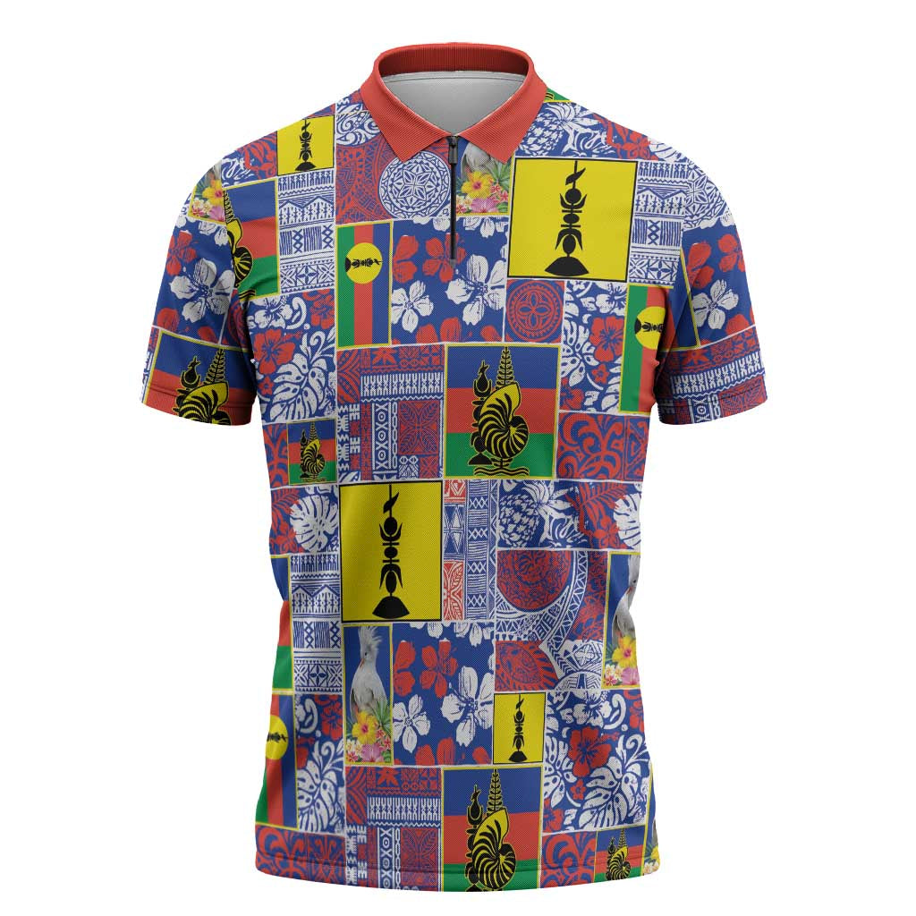 New Caledonia Joyeux Noel Zipper Polo Shirt Pacific Patchwork Xmas Vibes LT9 Blue - Polynesian Pride