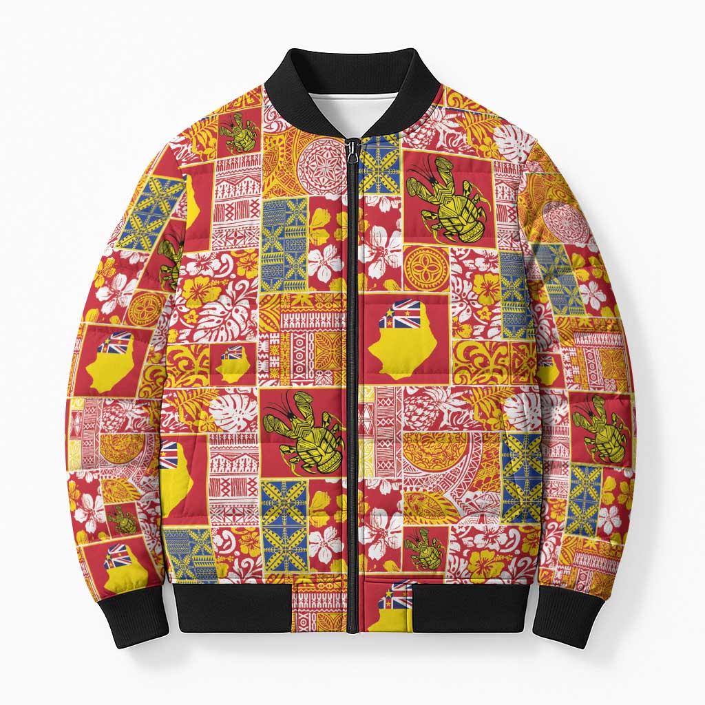 Niue Monuina e Kilisimasi Bomber Puffer Jacket Pacific Patchwork Xmas Vibes LT9 Unisex Yellow - Polynesian Pride