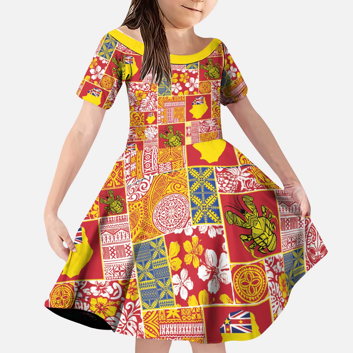 Niue Monuina e Kilisimasi Kid Short Sleeve Dress Pacific Patchwork Xmas Vibes LT9 KID Yellow - Polynesian Pride