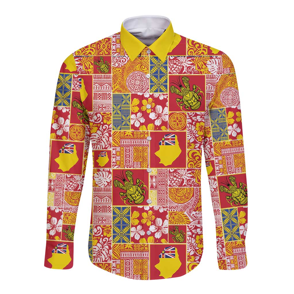 Niue Monuina e Kilisimasi Long Sleeve Button Shirt Pacific Patchwork Xmas Vibes LT9 Unisex Yellow - Polynesian Pride