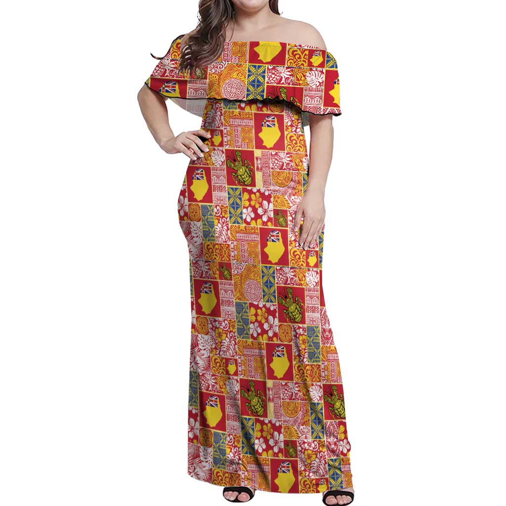 Niue Monuina e Kilisimasi Off Shoulder Maxi Dress Pacific Patchwork Xmas Vibes LT9 Women Yellow - Polynesian Pride
