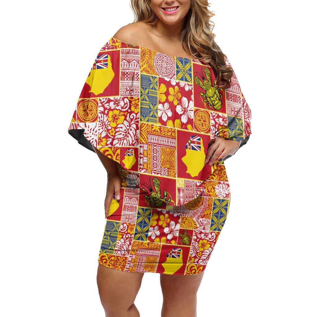 Niue Monuina e Kilisimasi Off Shoulder Short Dress Pacific Patchwork Xmas Vibes LT9 Women Yellow - Polynesian Pride