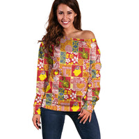 Niue Monuina e Kilisimasi Off Shoulder Sweater Pacific Patchwork Xmas Vibes LT9 Women Yellow - Polynesian Pride