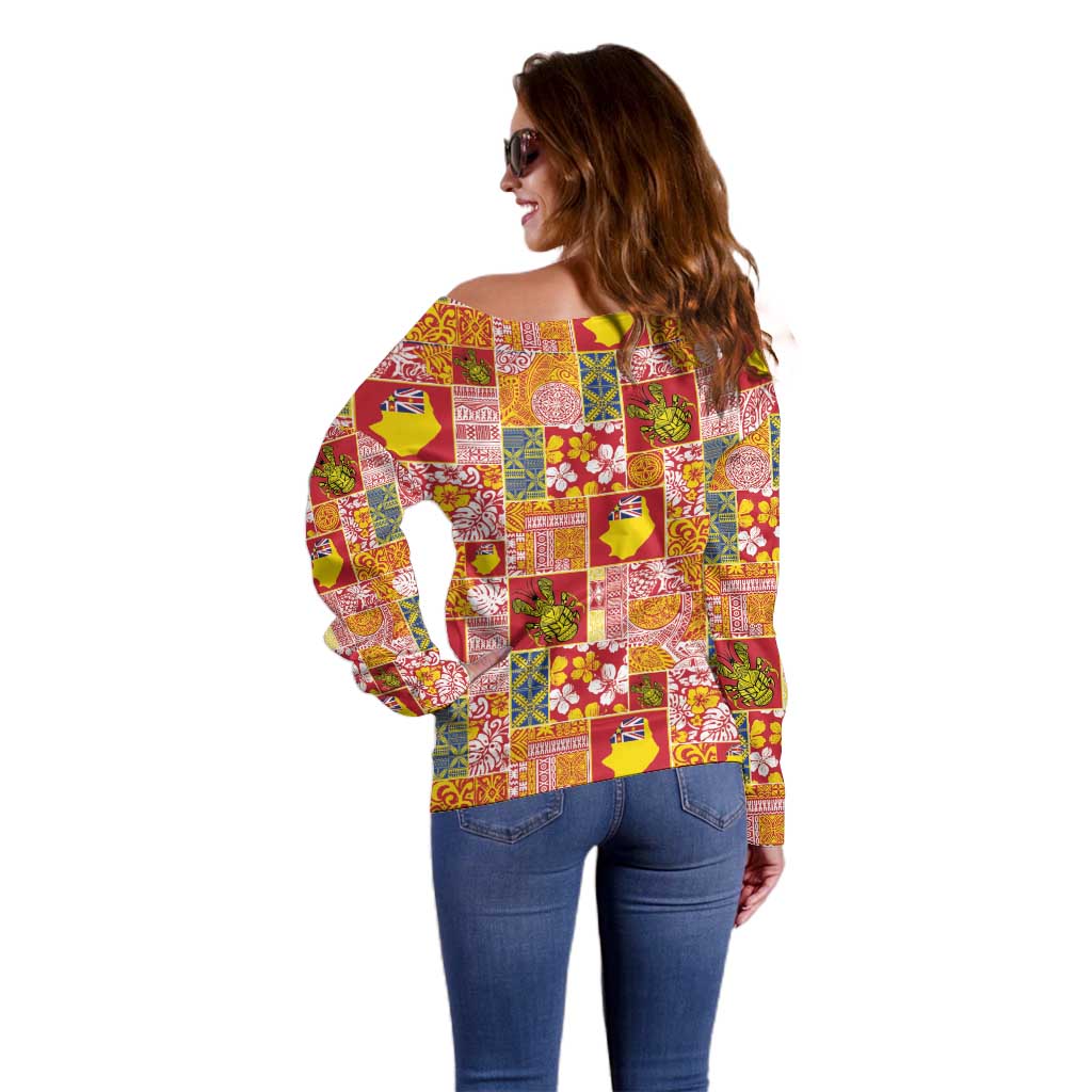 Niue Monuina e Kilisimasi Off Shoulder Sweater Pacific Patchwork Xmas Vibes LT9 - Polynesian Pride