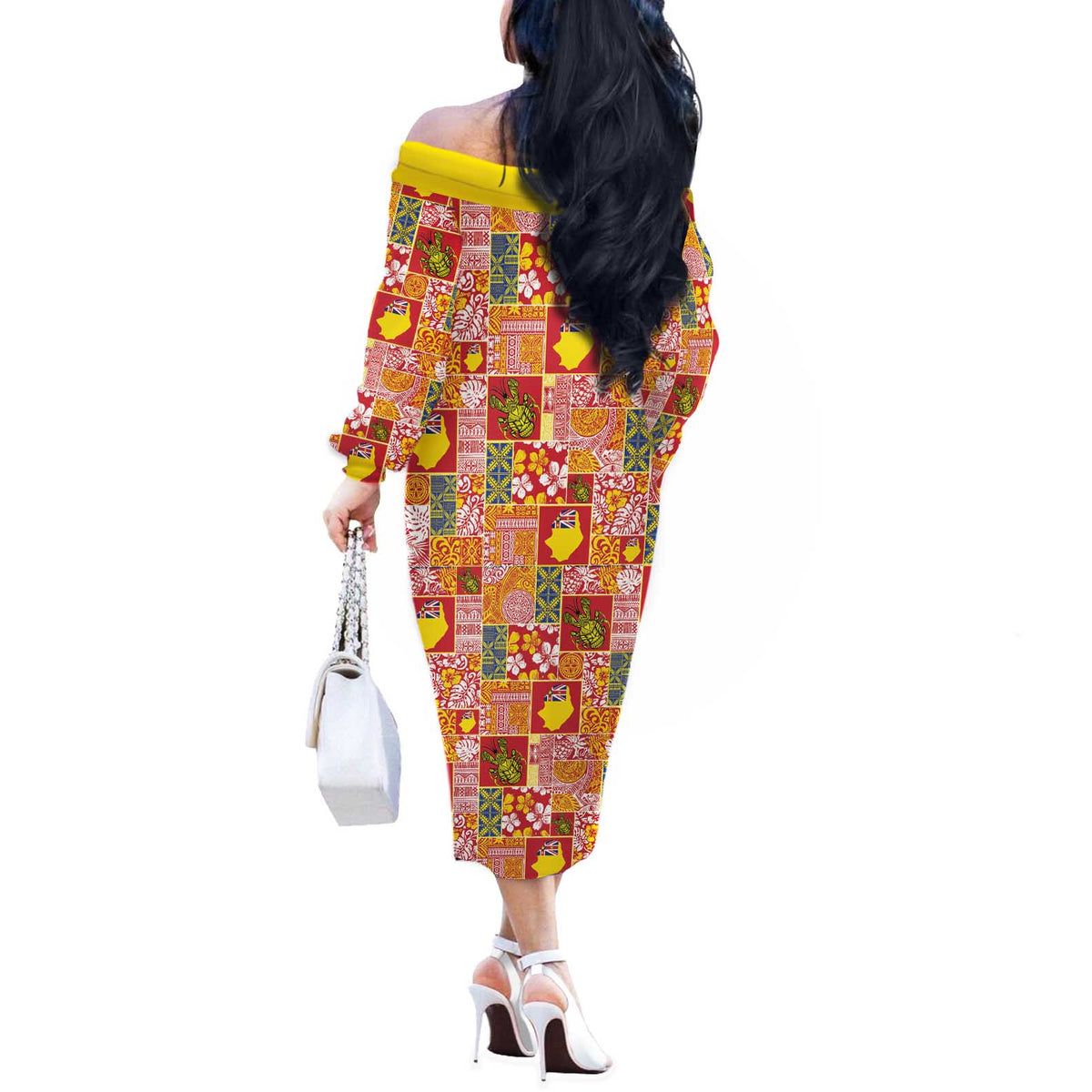 Niue Monuina e Kilisimasi Off The Shoulder Long Sleeve Dress Pacific Patchwork Xmas Vibes LT9 - Polynesian Pride