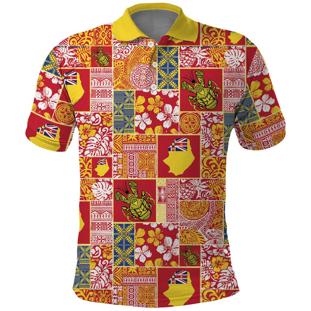 Niue Monuina e Kilisimasi Polo Shirt Pacific Patchwork Xmas Vibes LT9 Yellow - Polynesian Pride