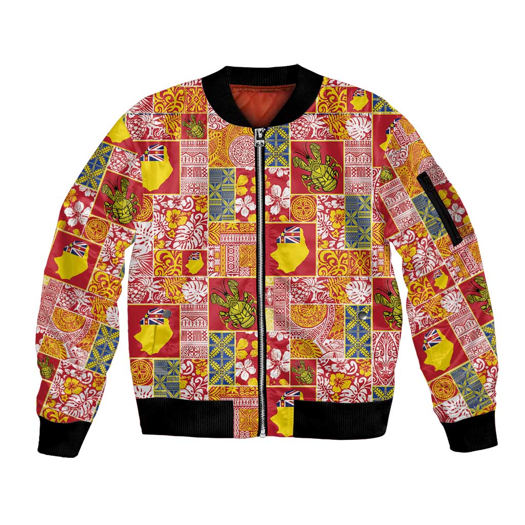 Niue Monuina e Kilisimasi Sleeve Zip Bomber Jacket Pacific Patchwork Xmas Vibes LT9 Unisex Yellow - Polynesian Pride
