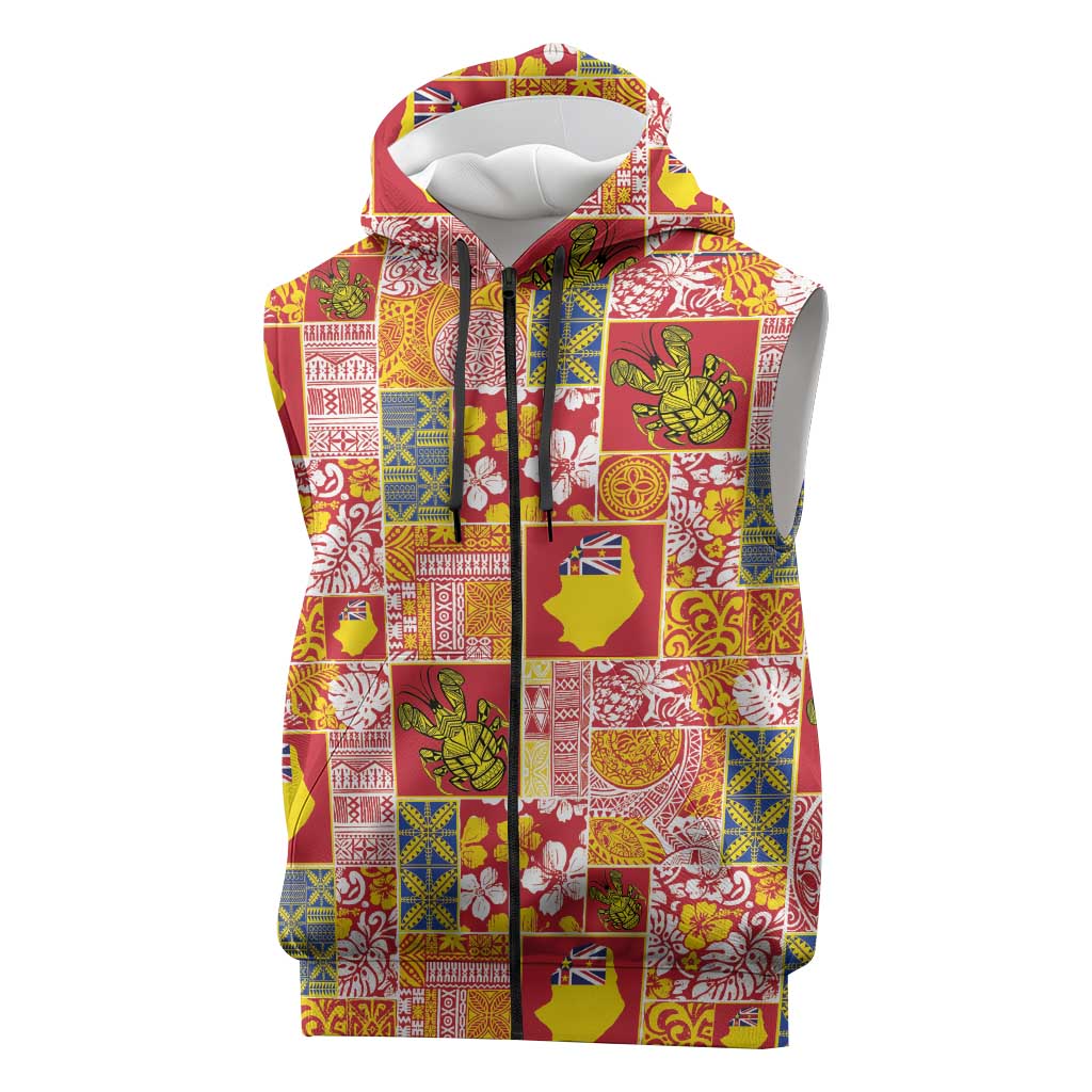Niue Monuina e Kilisimasi Sleeveless Zip Hoodie Pacific Patchwork Xmas Vibes LT9 Yellow - Polynesian Pride
