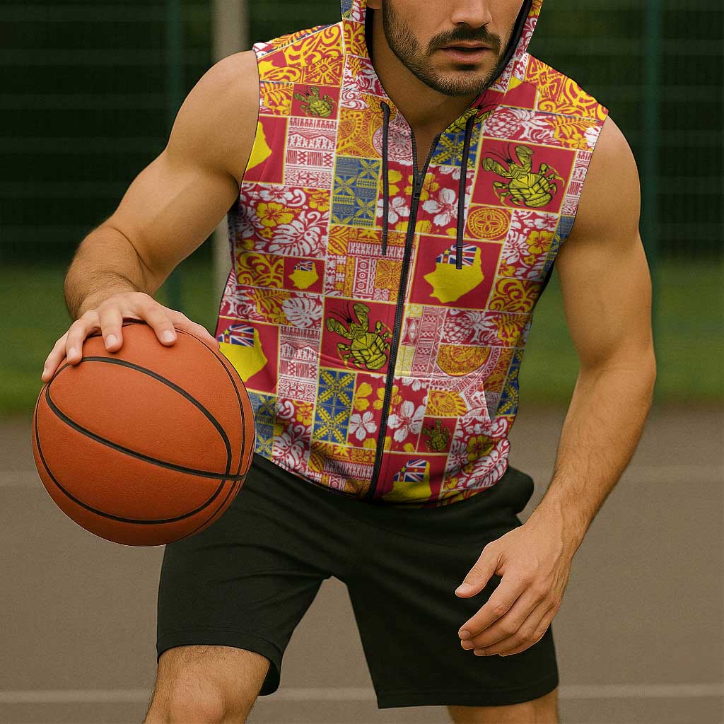 Niue Monuina e Kilisimasi Sleeveless Zip Hoodie Pacific Patchwork Xmas Vibes LT9 - Polynesian Pride