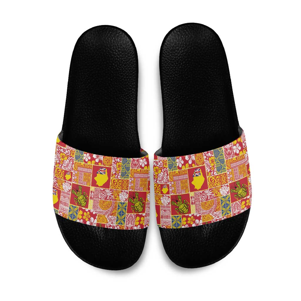 Niue Monuina e Kilisimasi Slide Sandals Pacific Patchwork Xmas Vibes LT9 Yellow - Polynesian Pride