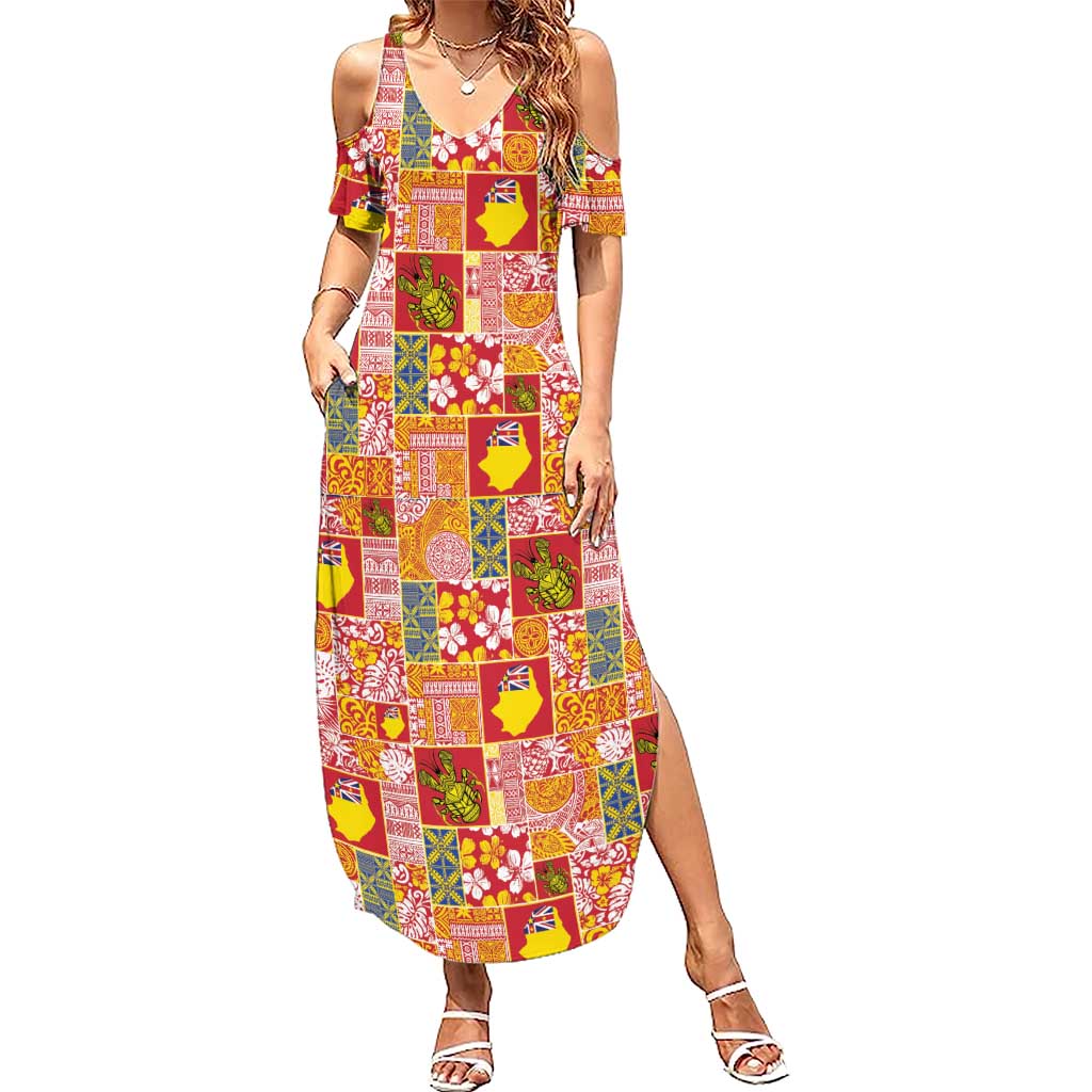 Niue Monuina e Kilisimasi Summer Maxi Dress Pacific Patchwork Xmas Vibes LT9 Women Yellow - Polynesian Pride