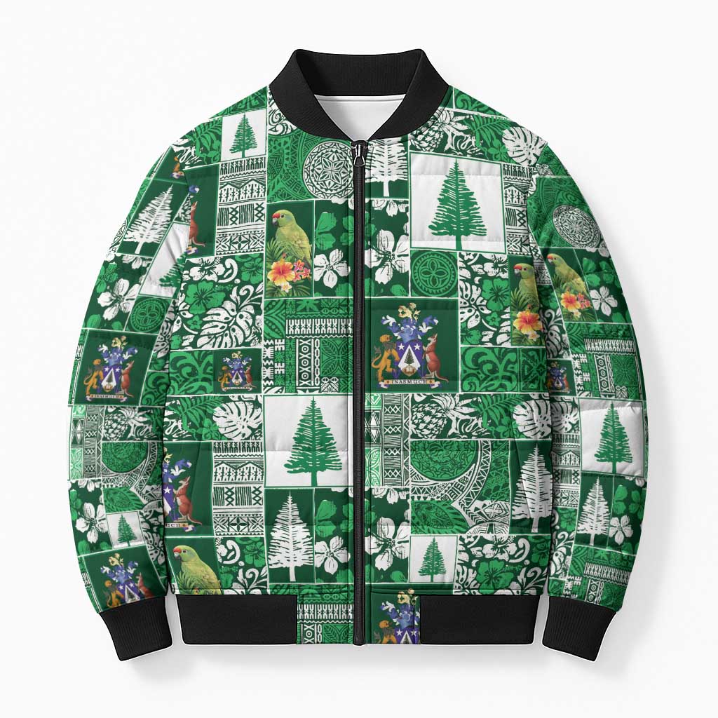 Norfolk Island Meri Krismas Bomber Puffer Jacket Pacific Patchwork Xmas Vibes LT9 Unisex Green - Polynesian Pride
