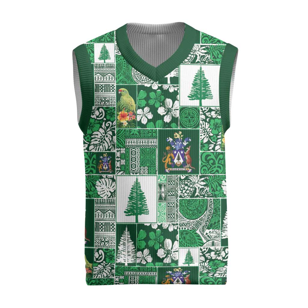 Norfolk Island Meri Krismas Christmas Knitted V-Neck Vest Pacific Patchwork Xmas Vibes LT9 Green - Polynesian Pride