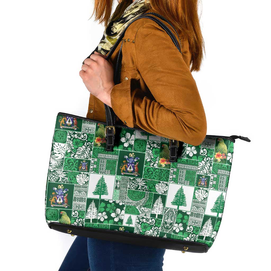 Norfolk Island Meri Krismas Leather Tote Bag Pacific Patchwork Xmas Vibes LT9 Green - Polynesian Pride