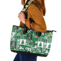 Norfolk Island Meri Krismas Leather Tote Bag Pacific Patchwork Xmas Vibes LT9 Green - Polynesian Pride