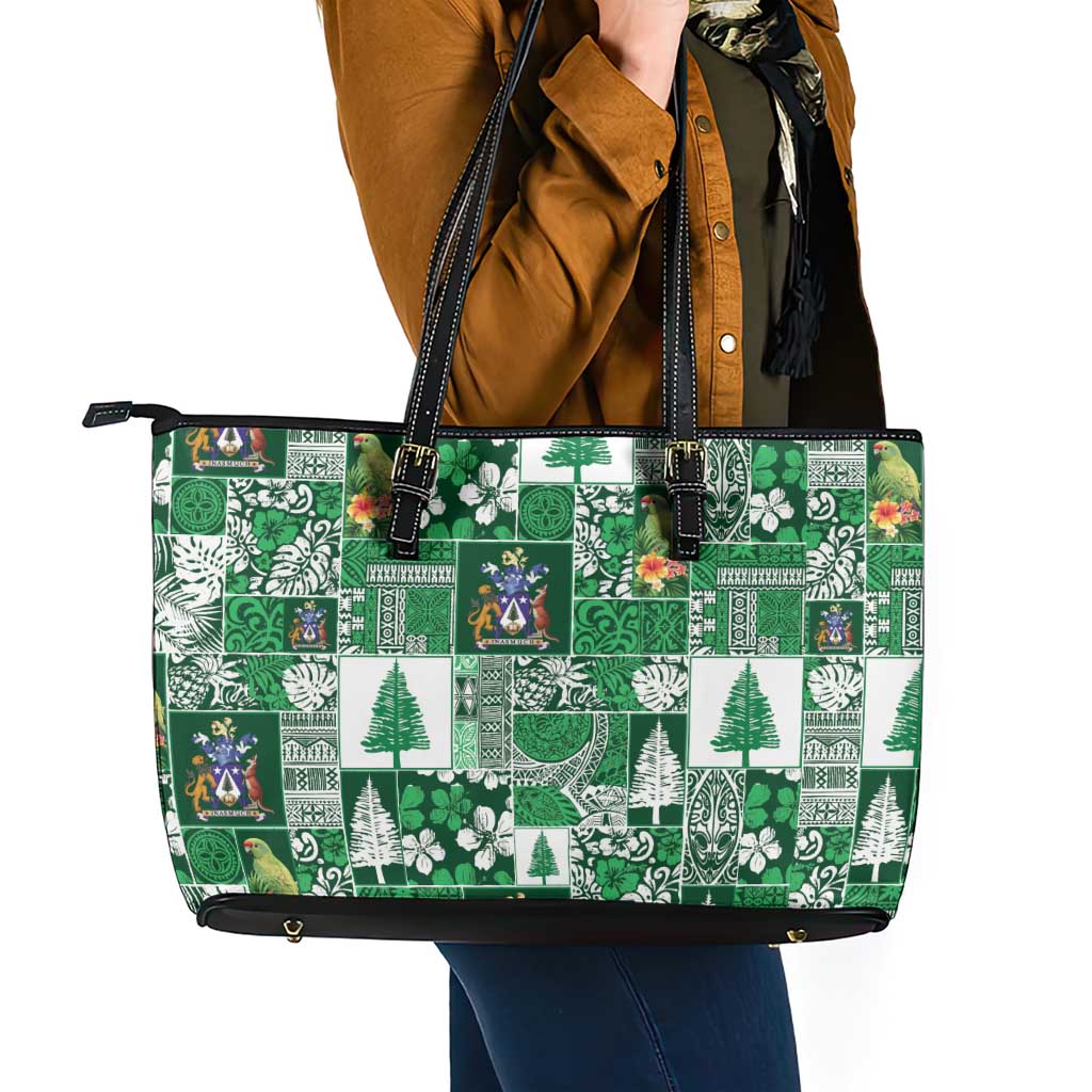 Norfolk Island Meri Krismas Leather Tote Bag Pacific Patchwork Xmas Vibes LT9 - Polynesian Pride