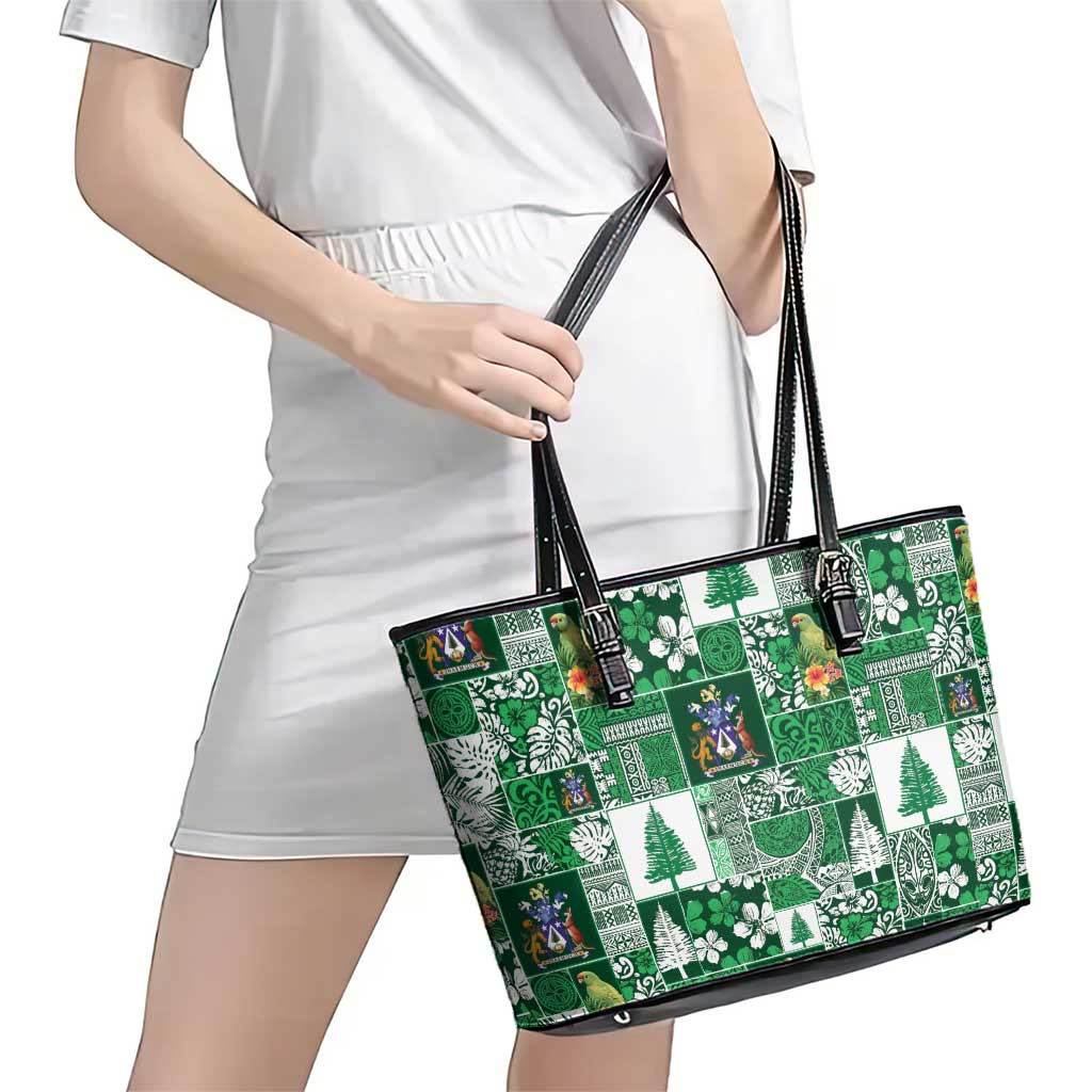 Norfolk Island Meri Krismas Leather Tote Bag Pacific Patchwork Xmas Vibes LT9 - Polynesian Pride