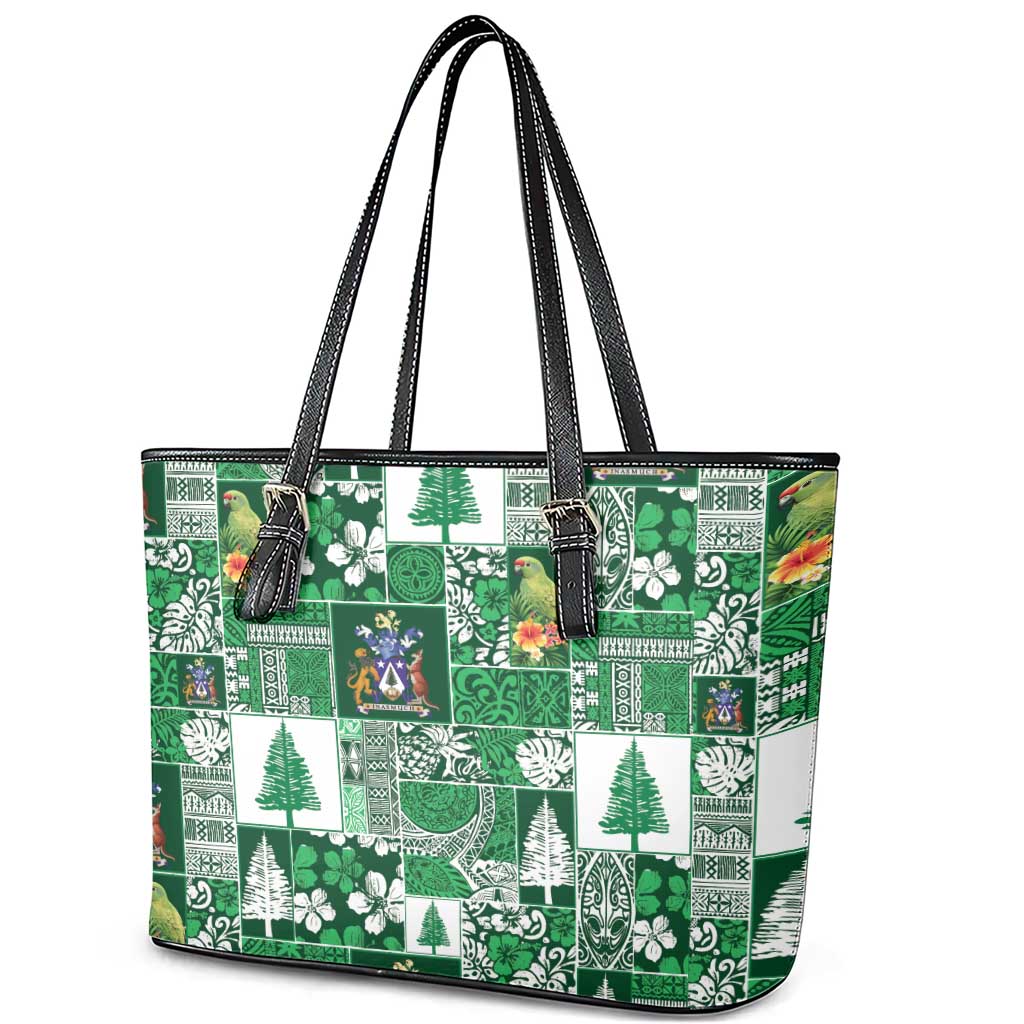 Norfolk Island Meri Krismas Leather Tote Bag Pacific Patchwork Xmas Vibes LT9 - Polynesian Pride