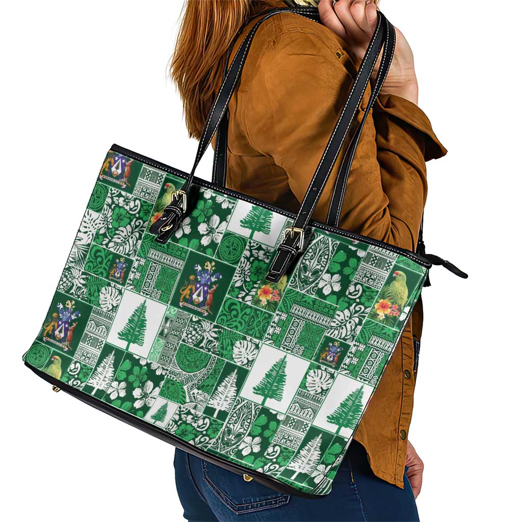 Norfolk Island Meri Krismas Leather Tote Bag Pacific Patchwork Xmas Vibes LT9 - Polynesian Pride