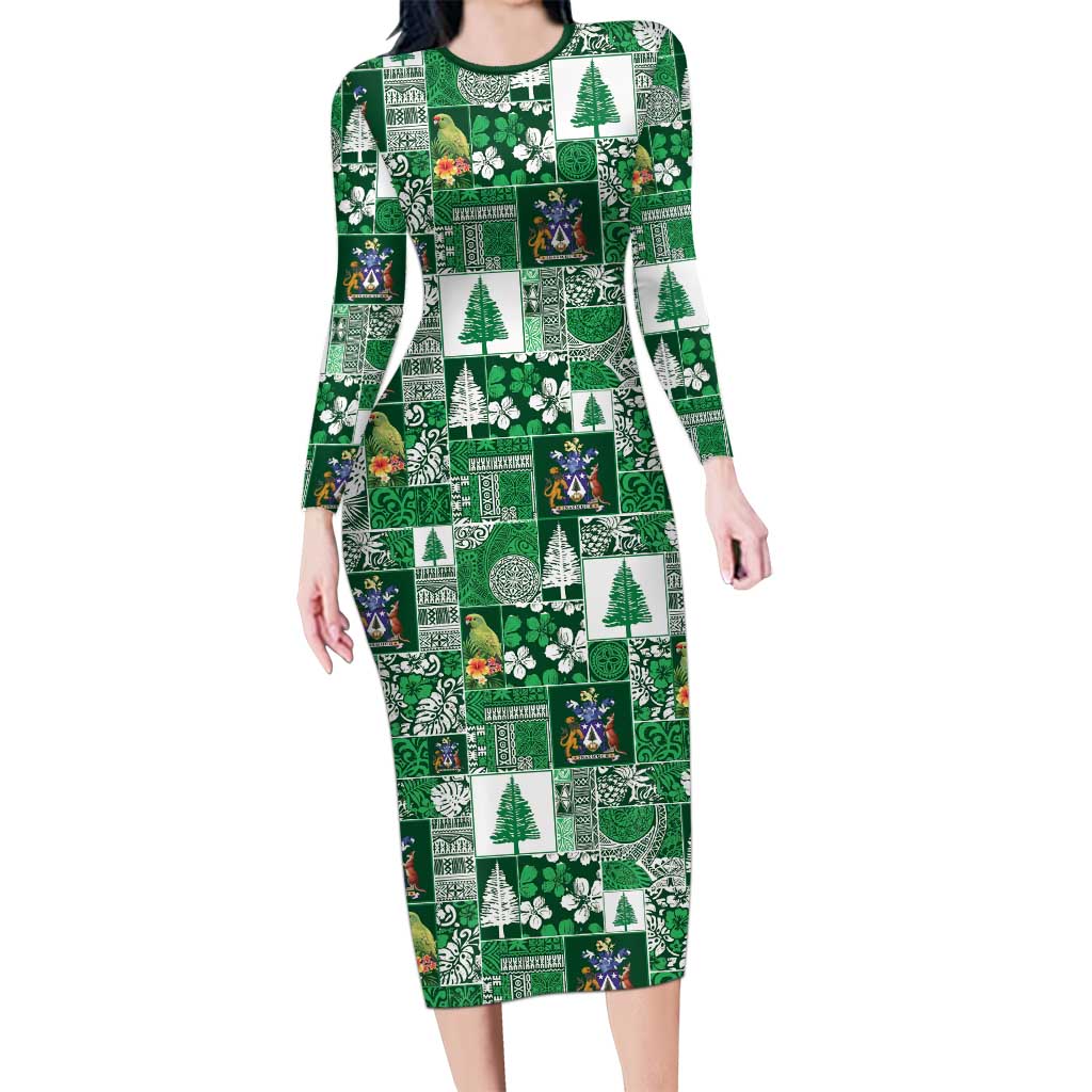 Norfolk Island Meri Krismas Long Sleeve Bodycon Dress Pacific Patchwork Xmas Vibes LT9 Long Dress Green - Polynesian Pride