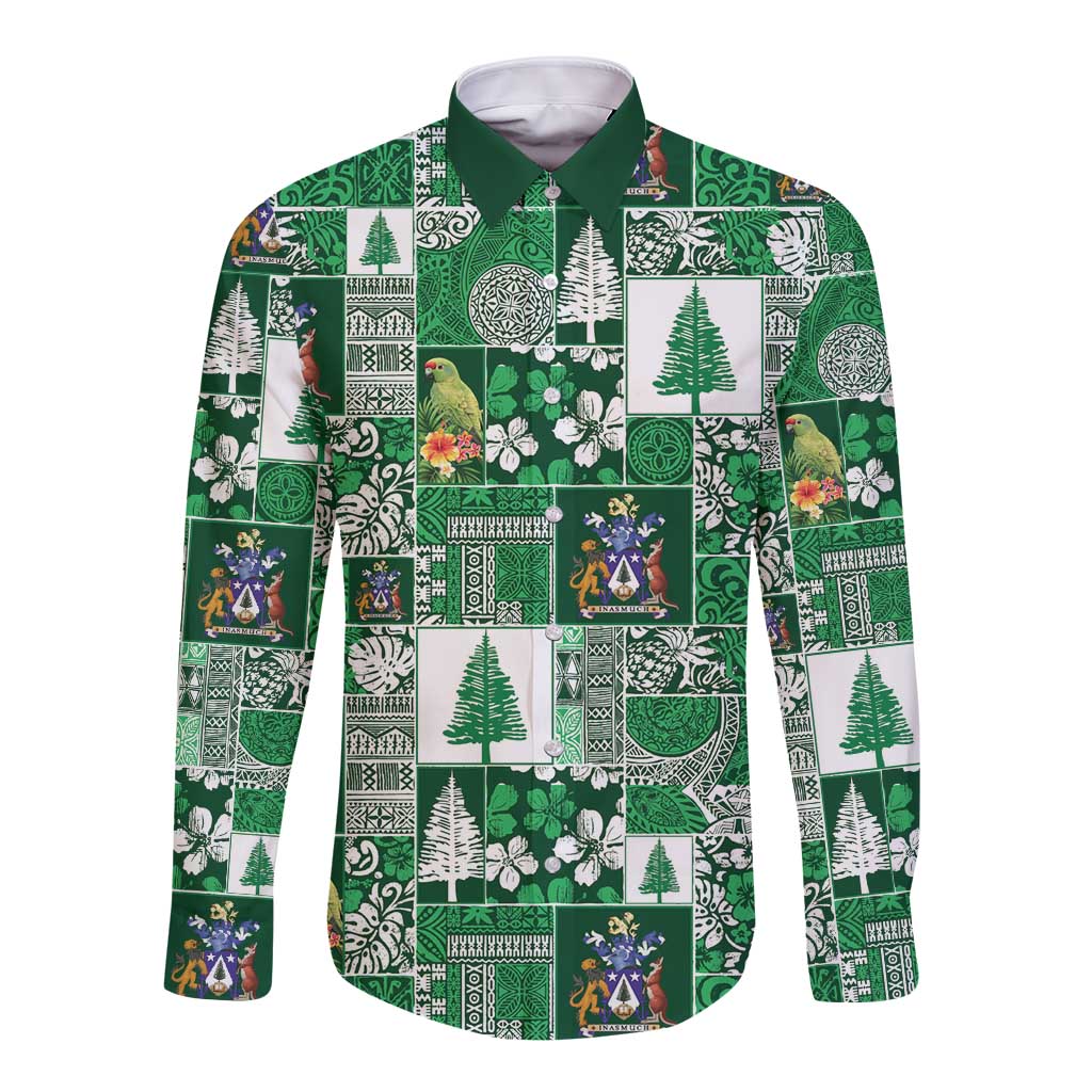 Norfolk Island Meri Krismas Long Sleeve Button Shirt Pacific Patchwork Xmas Vibes LT9 Unisex Green - Polynesian Pride