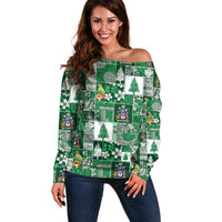 Norfolk Island Meri Krismas Off Shoulder Sweater Pacific Patchwork Xmas Vibes LT9 Women Green - Polynesian Pride