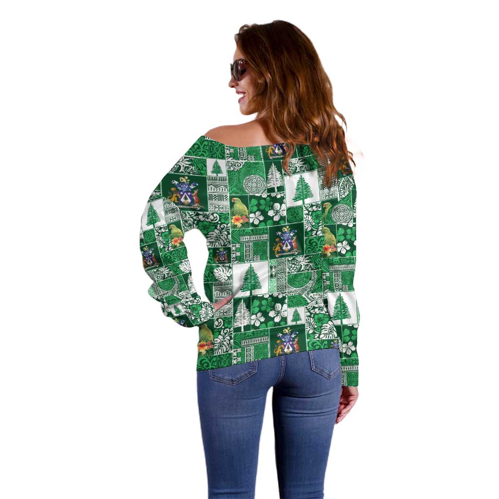 Norfolk Island Meri Krismas Off Shoulder Sweater Pacific Patchwork Xmas Vibes LT9 - Polynesian Pride