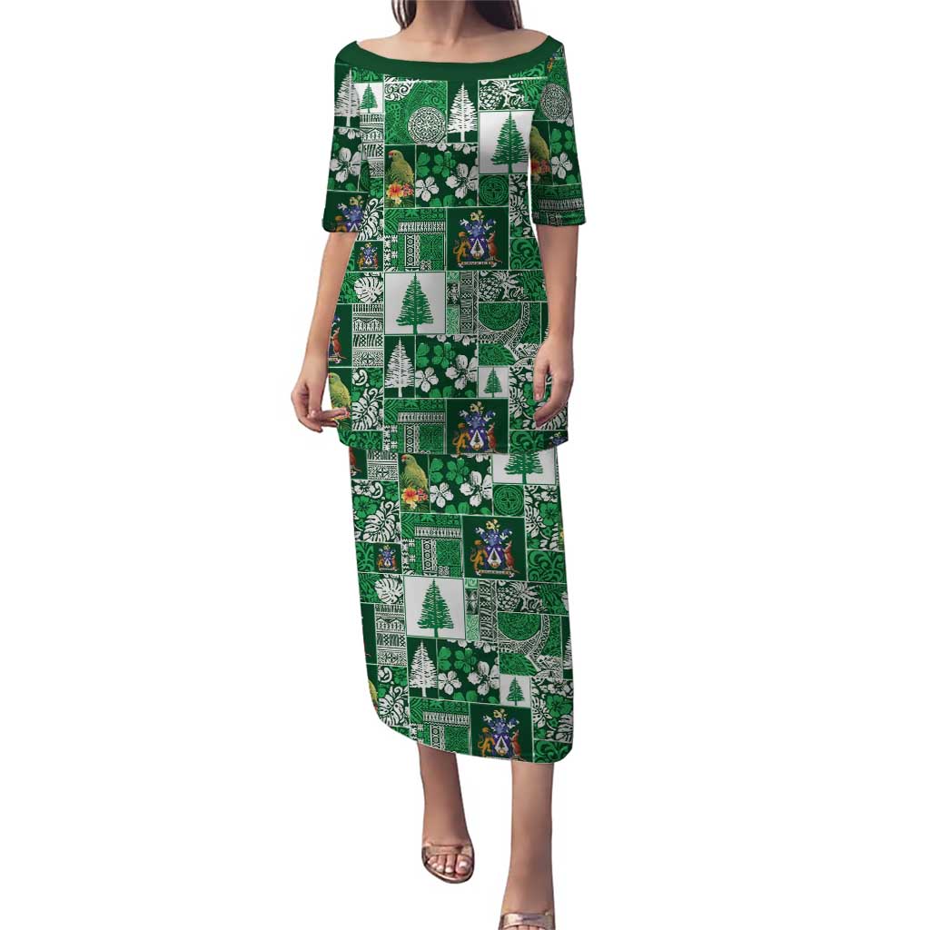 Norfolk Island Meri Krismas Puletasi Pacific Patchwork Xmas Vibes LT9 Long Dress Green - Polynesian Pride
