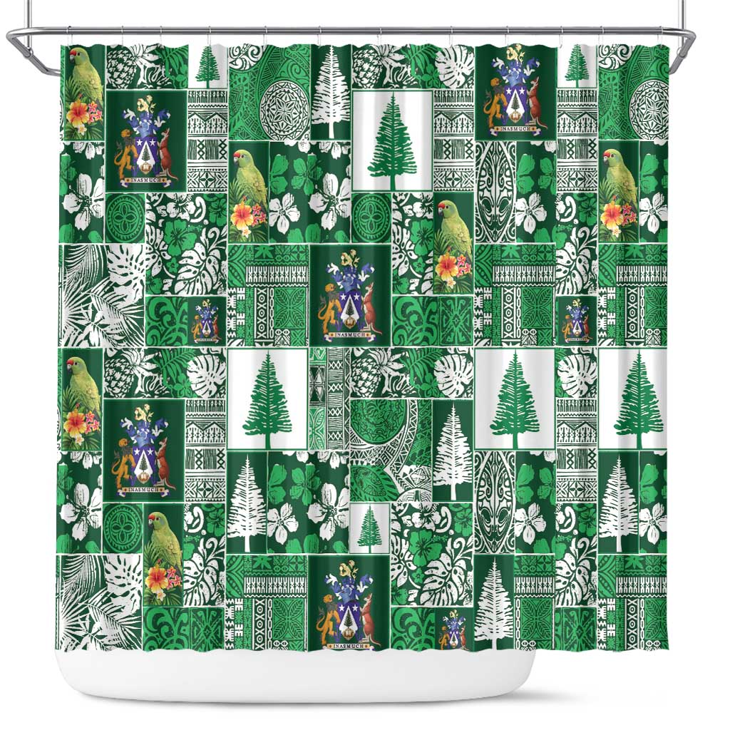 Norfolk Island Meri Krismas Shower Curtain Pacific Patchwork Xmas Vibes LT9 Green - Polynesian Pride