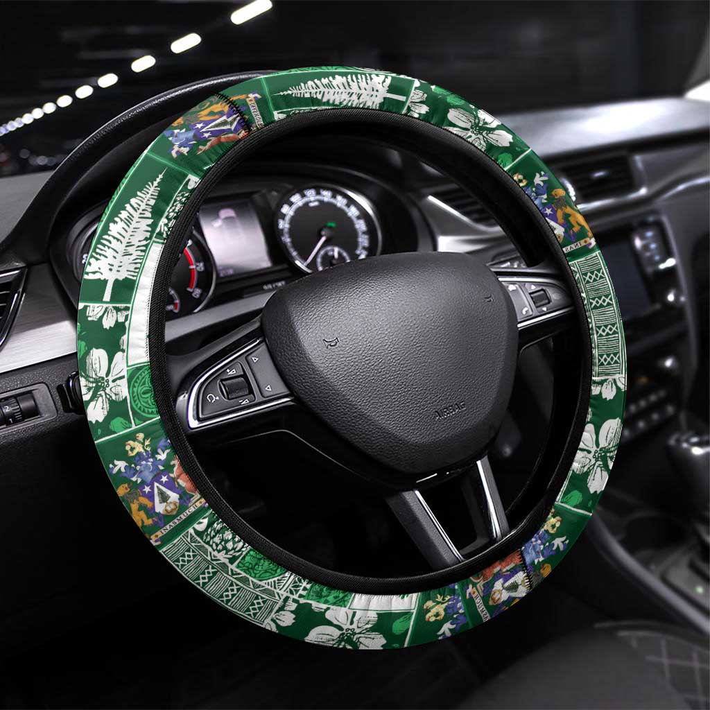 Norfolk Island Meri Krismas Steering Wheel Cover Pacific Patchwork Xmas Vibes LT9 Universal Fit Green - Polynesian Pride