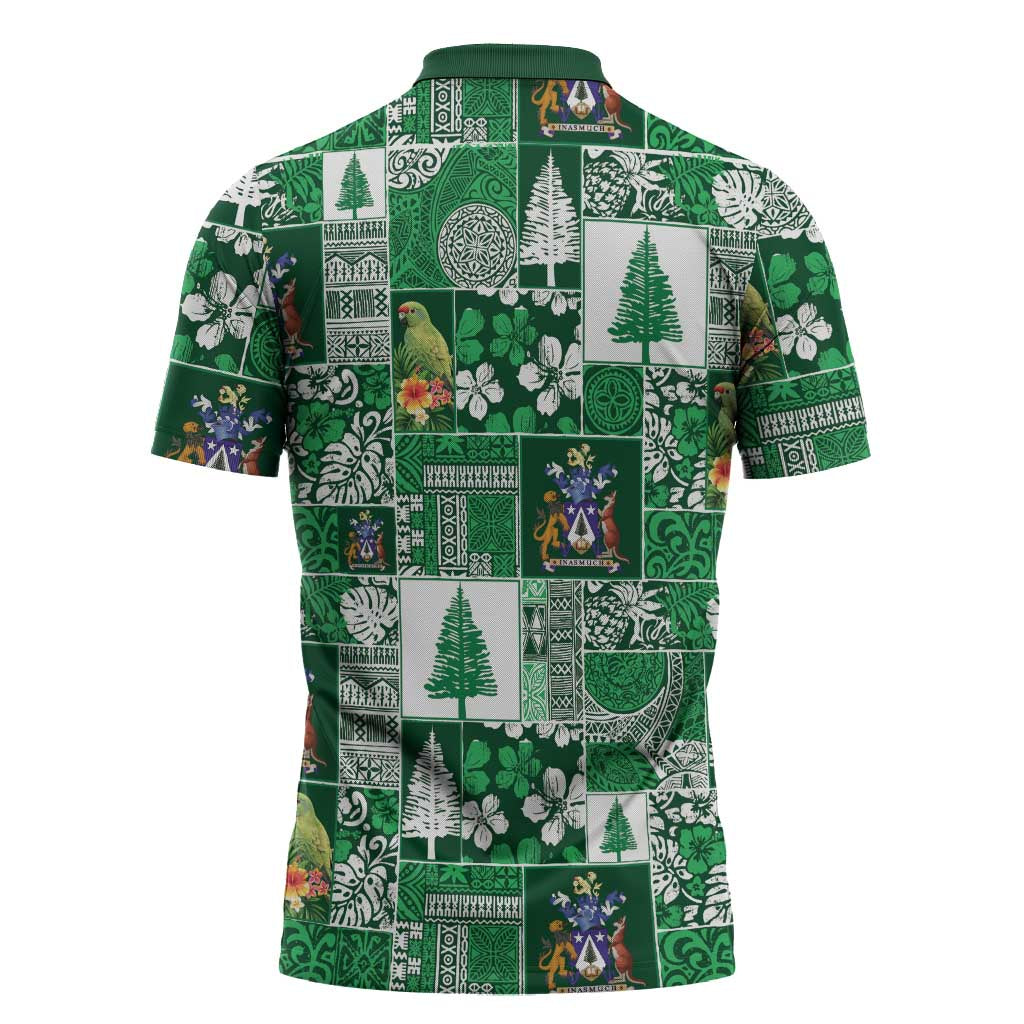 Norfolk Island Meri Krismas Zipper Polo Shirt Pacific Patchwork Xmas Vibes LT9 - Polynesian Pride