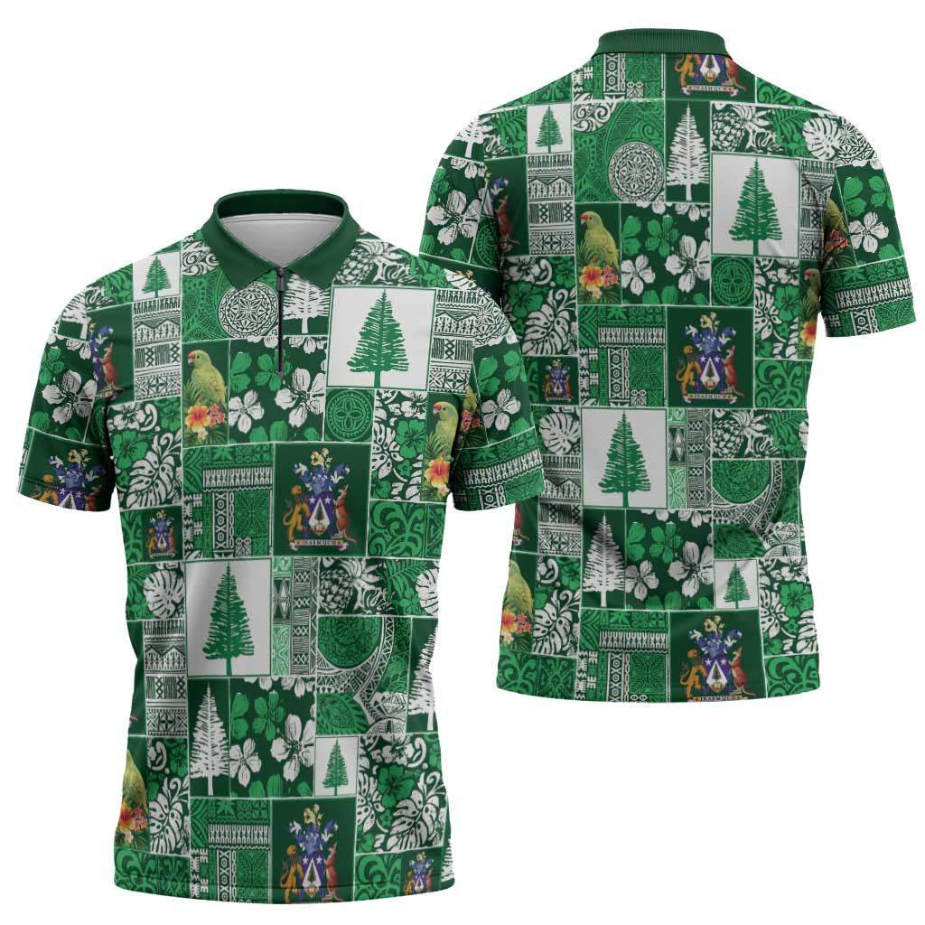 Norfolk Island Meri Krismas Zipper Polo Shirt Pacific Patchwork Xmas Vibes LT9 - Polynesian Pride